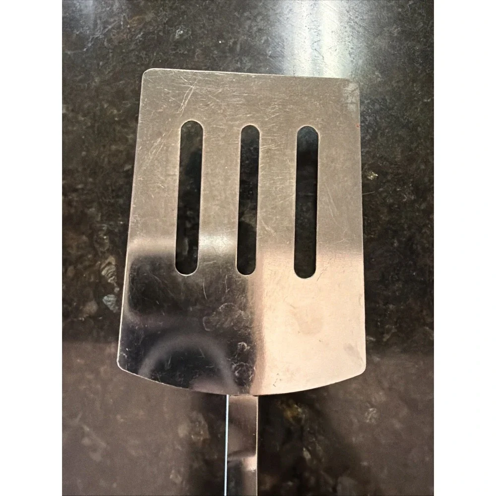 Vintage Metal Slotted Spatula Black Handle Serving Utensil 12 Inch